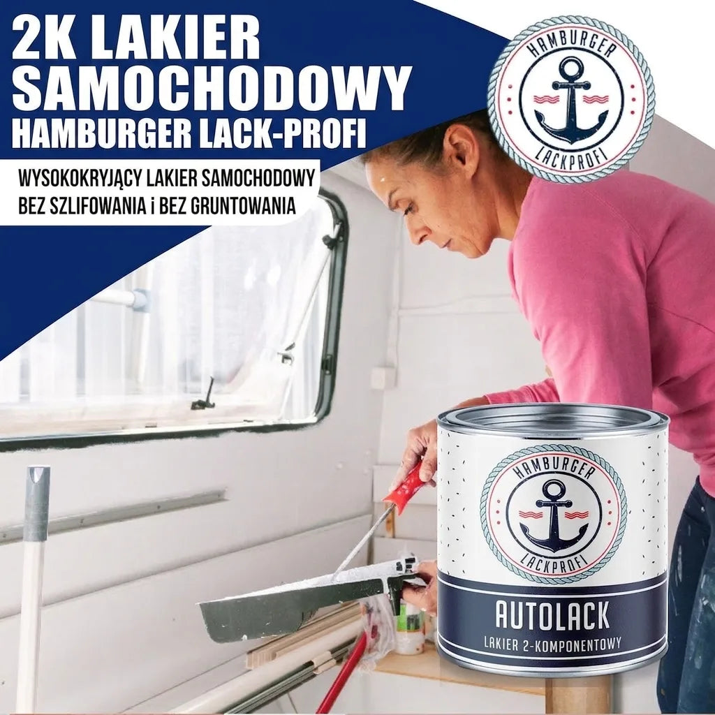 Dwuskładnikowy lakier samochodowy 2K Hamburger Lack-Profi do malowania wnętrz kamperów, bez szlifowania i gruntowania.