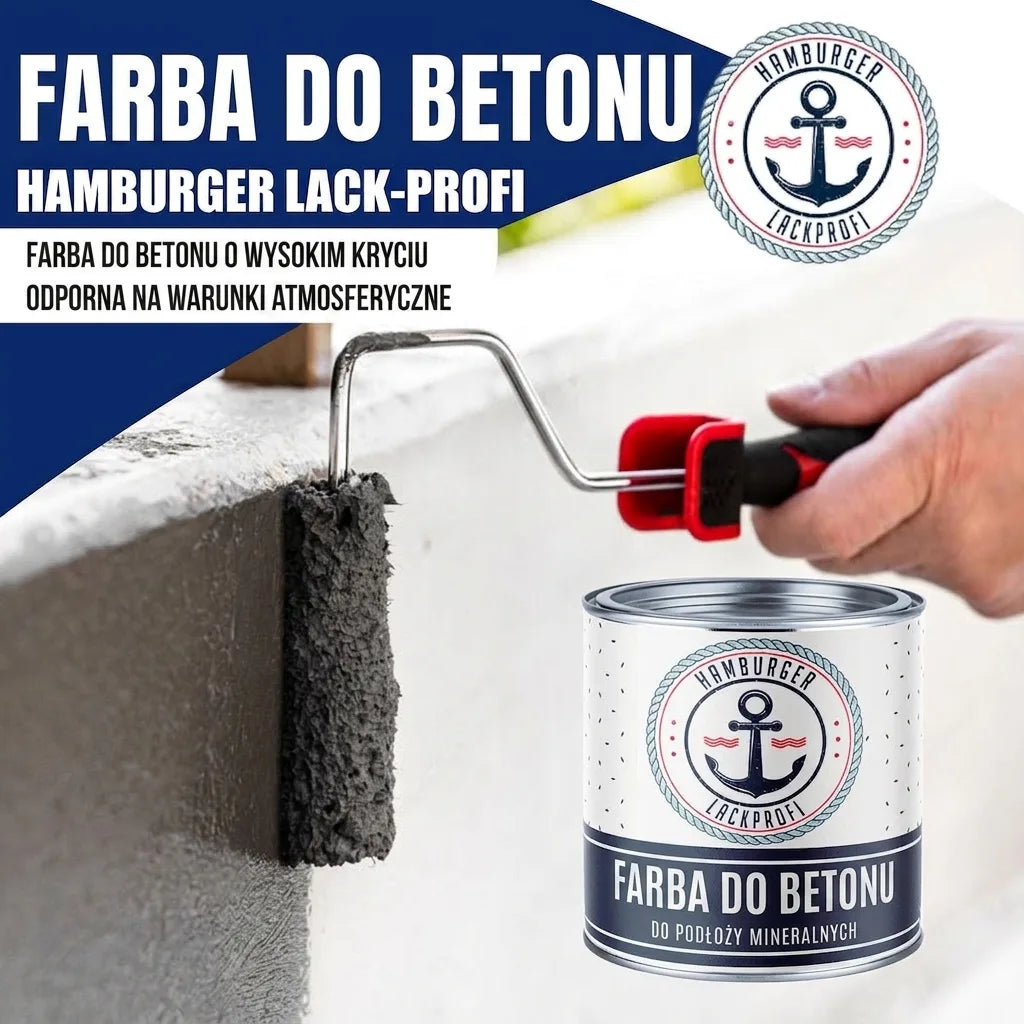 Puszka farby Hamburger Lack-Profi do betonu. Ręka maluje beton szarą farbą. Prominentny niemiecki tekst o produkcie.
