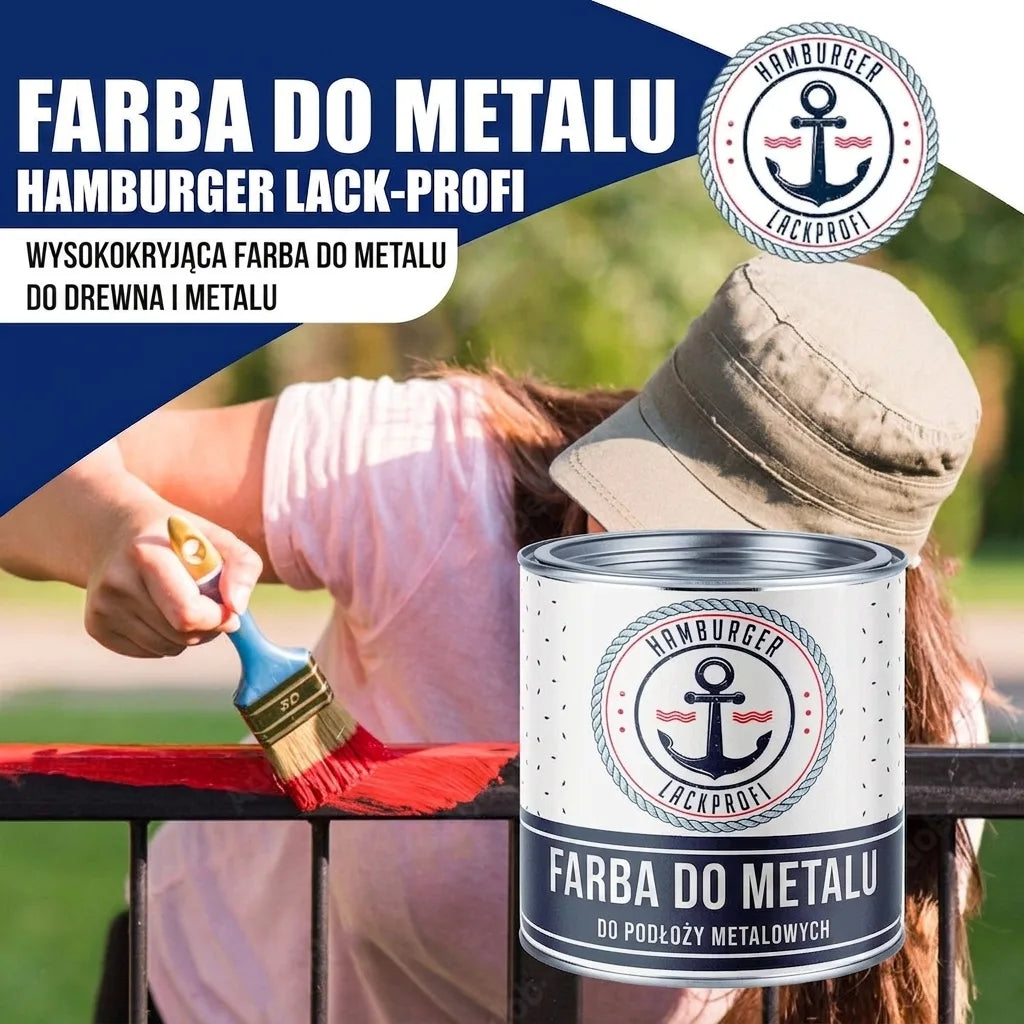 Puszka lakieru ochronnego do metalu Hamburger Lack-Profi i malowanie czerwonego ogrodzenia. Lakier do drewna i metalu.