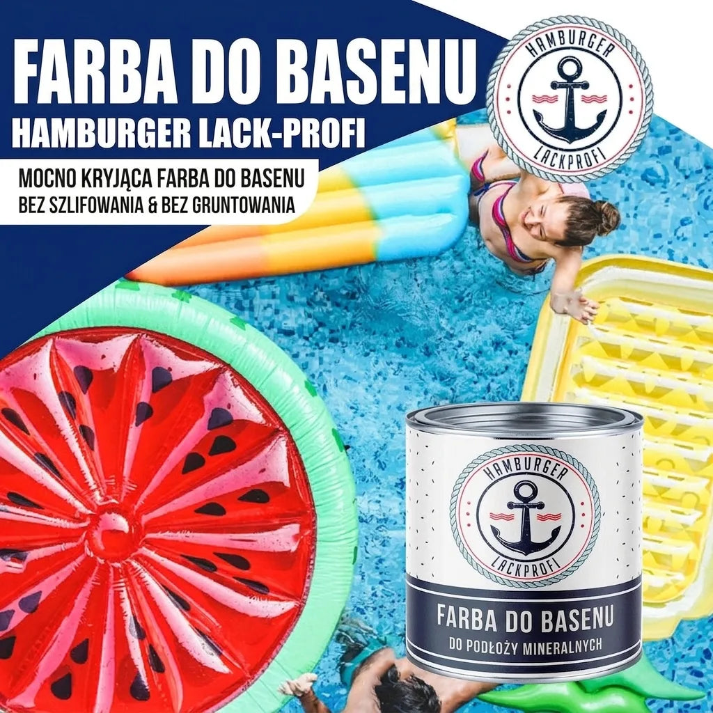 Puszka farby do basenu Hamburger Lack-Profi, wysokokryjąca, bez szlifowania i gruntowania, w tle basen z ludźmi.