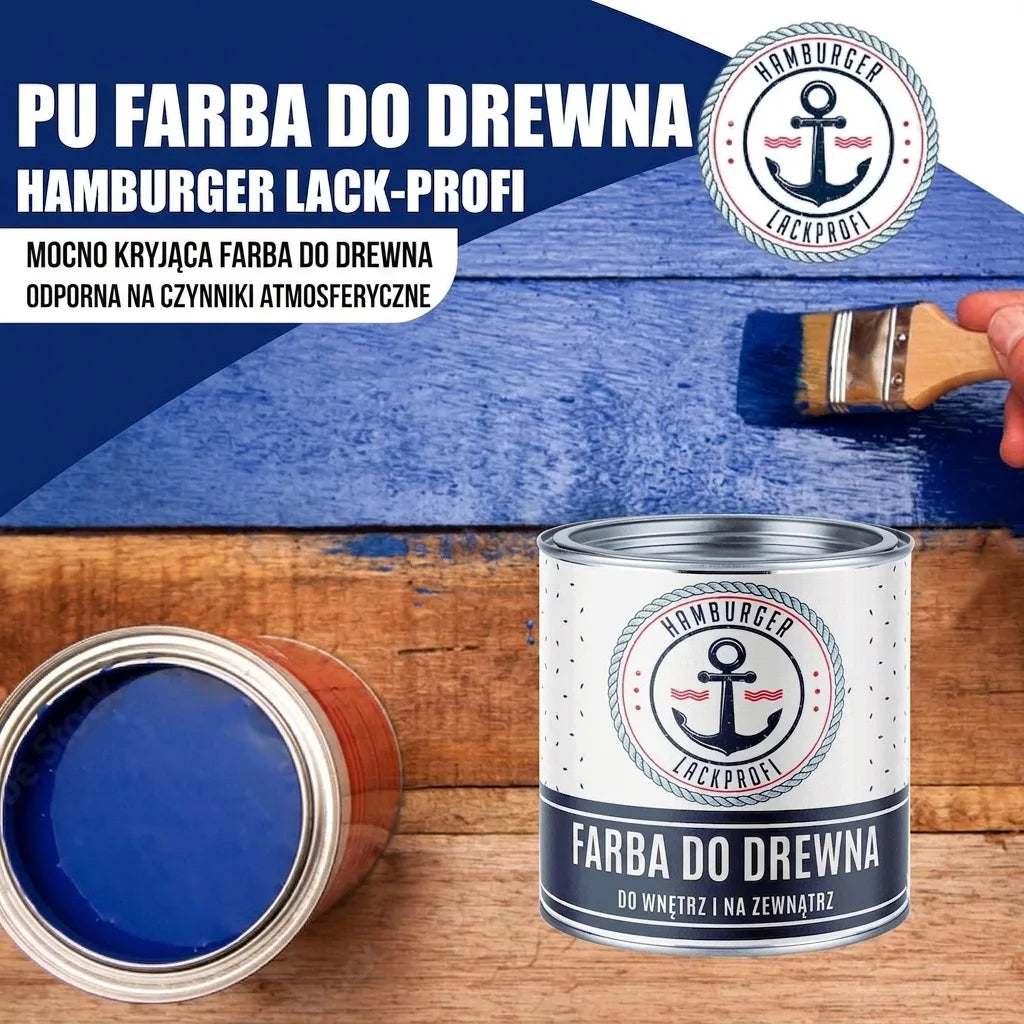 Niebieska farba do drewna PU Hamburger Lack-Profi. Malowanie drewna, farba kryjąca, odporna na pogodę.