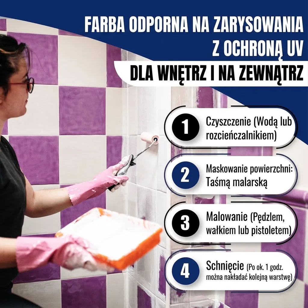 Kobieta maluje płytki farbą odporną na zarysowania i UV do wewnątrz/zewnątrz. Instrukcje: czyść, oklej, maluj, susz.
