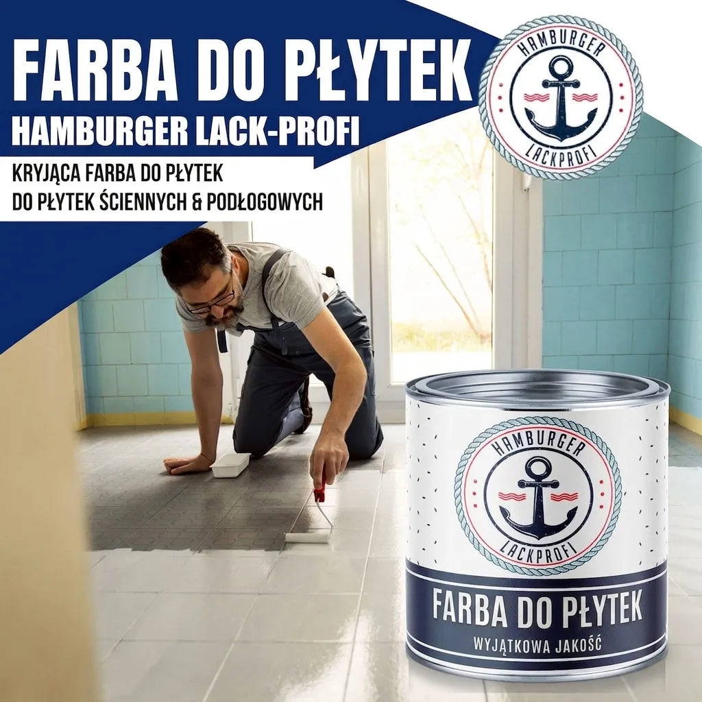 Mężczyzna maluje płytki farbą Hamburger Lack-Profi. Wysokokryjący lakier do płytek ściennych i podłogowych.