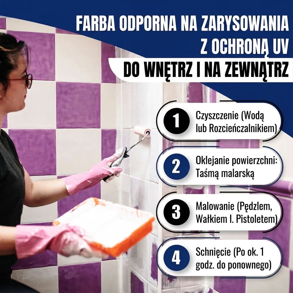 Kobieta maluje płytki, instrukcja nakładania farby odpornej na zarysowania z ochroną UV do wewnątrz i na zewnątrz.