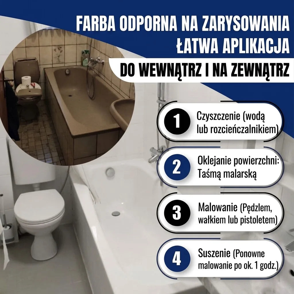 Renowacja wanny, przed i po. Farba odporna na zarysowania do wnętrz i na zewnątrz z instrukcją.