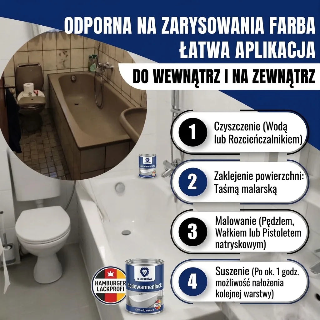 Renowacja wanny, przed i po. Farba odporna na zarysowania do wnętrz i na zewnątrz z instrukcją.