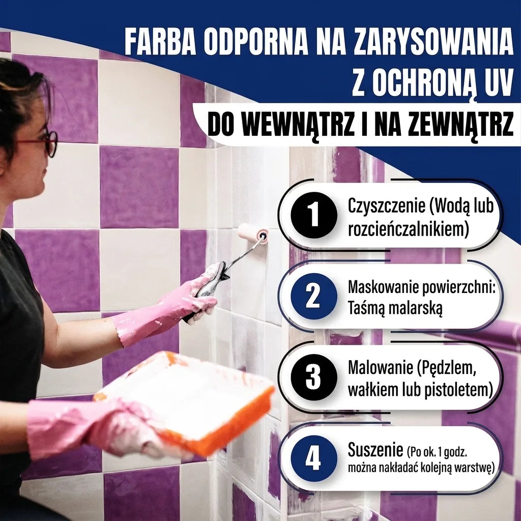 Kobieta maluje płytki. Odporna na zarysowania farba UV do wnętrz i na zewnątrz. Instrukcja użycia farby.