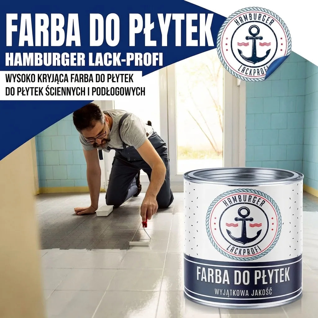 Mężczyzna maluje płytki na podłodze. Widoczna puszka z napisem „Fliesenlack” i logo „Hamburger Lack-Profi”.