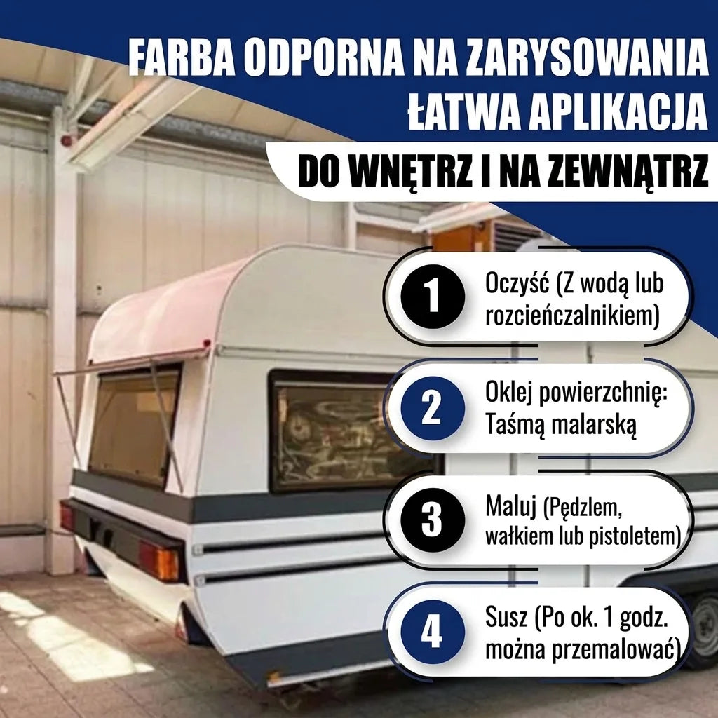 Przyczepa kempingowa i instrukcje malowania. Odporna na zarysowania farba, łatwa aplikacja, do wnętrz i na zewnątrz.