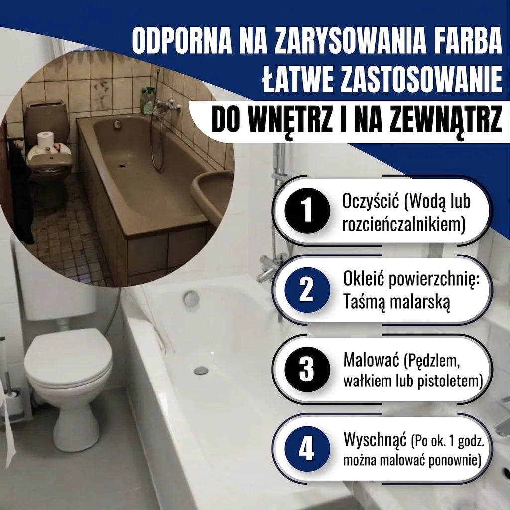 Renowacja łazienki farbą odporną na zarysowania: wanna, toaleta. Przed i po. Łatwa aplikacja krok po kroku.