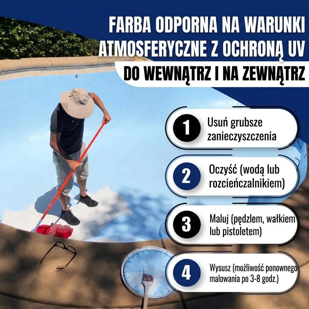Mężczyzna czyści basen. Instrukcje malowania farbą odporną na warunki atmosferyczne i promieniowanie UV.