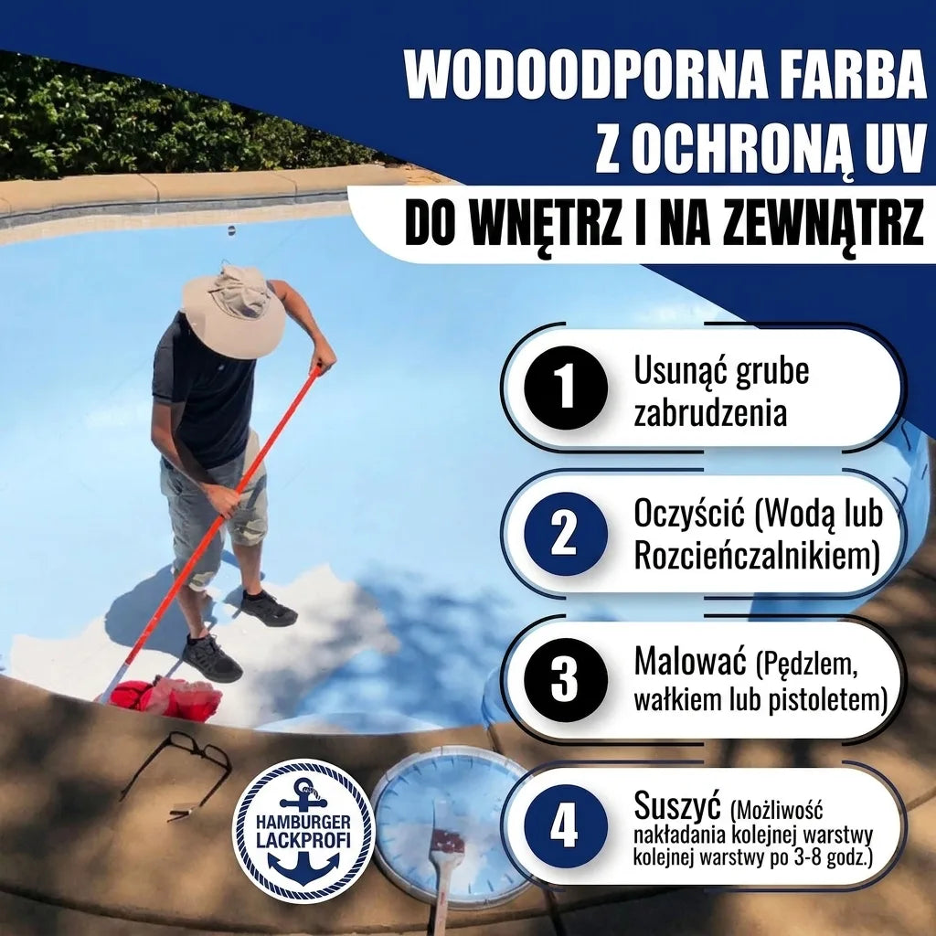 Mężczyzna czyści basen. Instrukcje malowania farbą odporną na warunki atmosferyczne i promieniowanie UV.