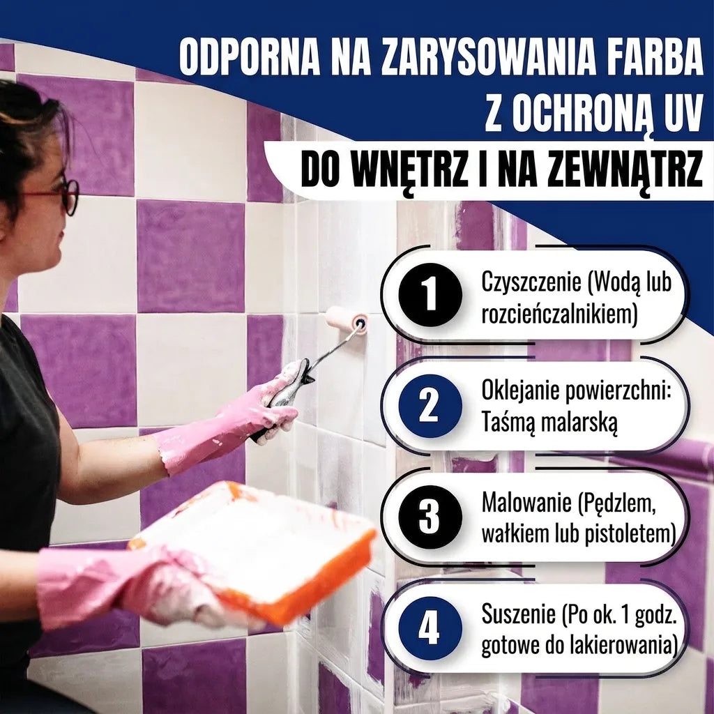 Farba odporna na zarysowania z ochroną UV, do wnętrz i na zewnątrz. Kobieta maluje płytki. Instrukcja.