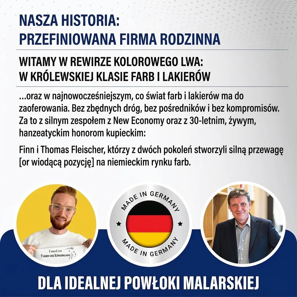 FarbLöwe: Dwóch mężczyzn, tekst o rodzinnej firmie i farbach premium Made in Germany.
