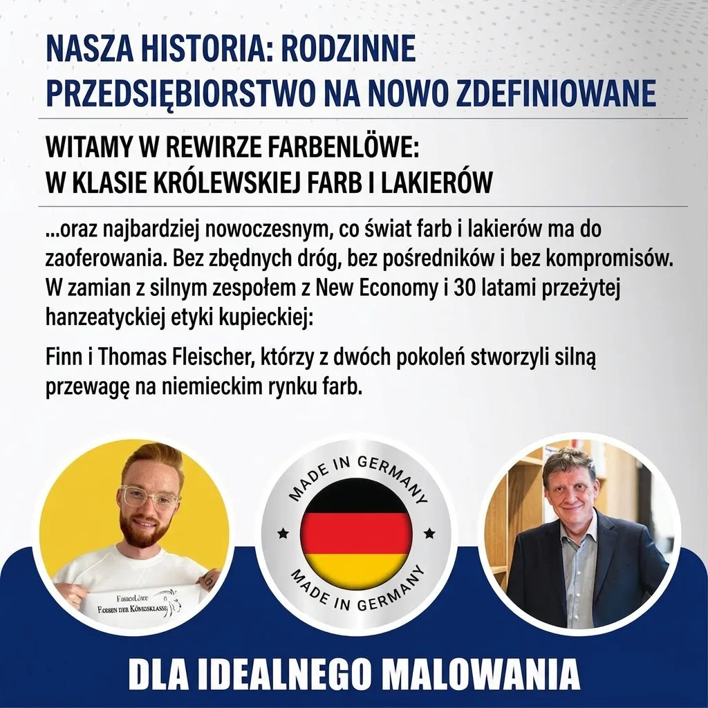 Niemiecki tekst o Farbenlöwe, firmie rodzinnej redefiniującej farby, z portretami założycieli.