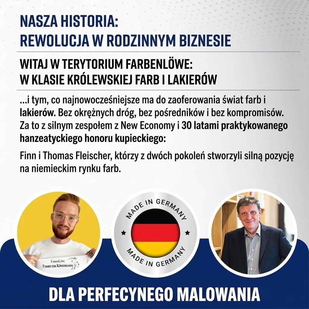 Niemiecka grafika Farbenlöwe: firma rodzinna z farbami i lakierami premium, "Made in Germany", z założycielami.