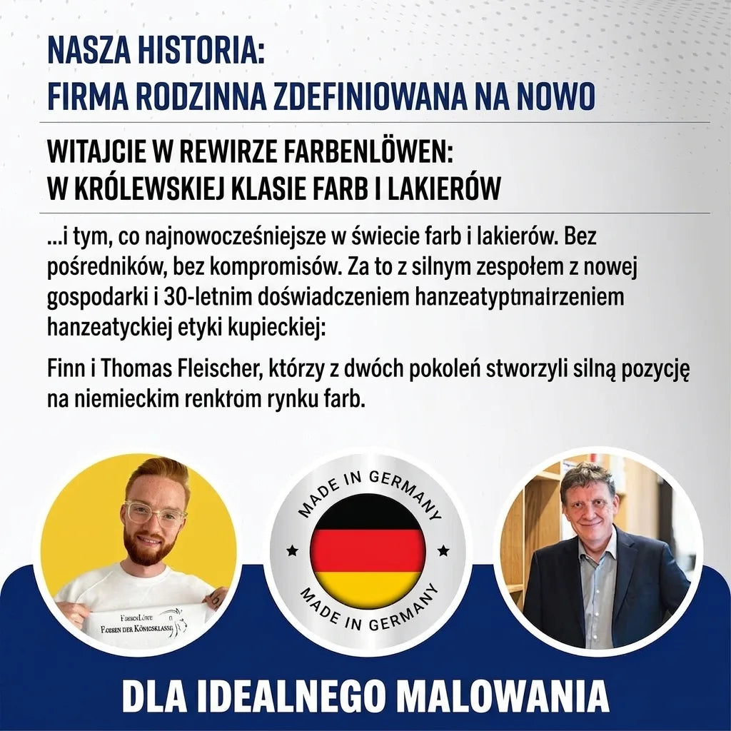 Historia rodzinnej firmy Farbenlöwe, lidera w farbach i lakierach. Dwóch założycieli, pieczęć Made in Germany.