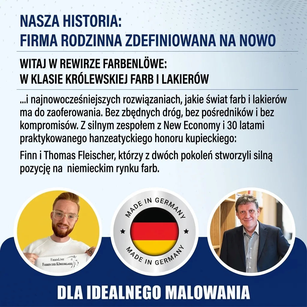 Niemiecki tekst o Farbenlöwe, firmie rodzinnej redefiniującej farby, z portretami założycieli.