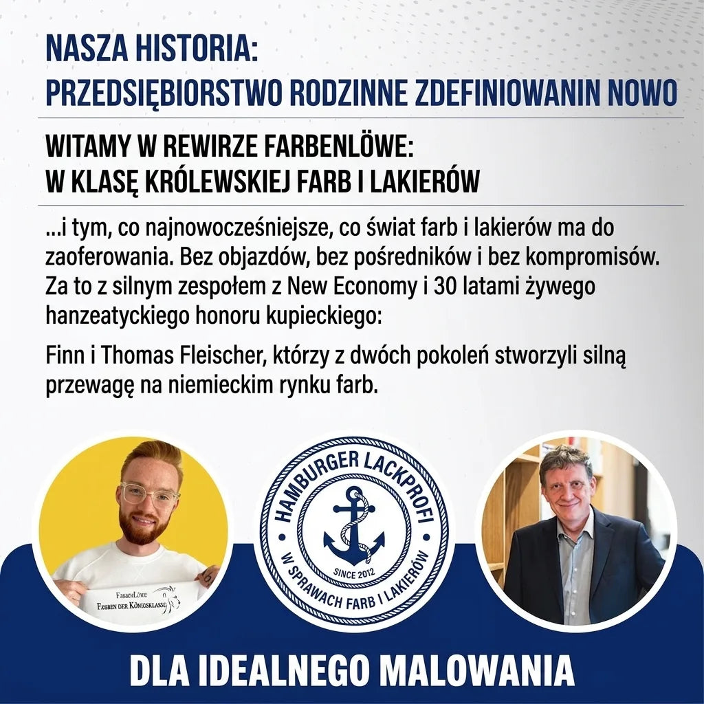 Grafika o Farbenlöwe, rodzinnej firmie redefiniującej rynek farb i lakierów. Dwóch mężczyzn, "Made in Germany".