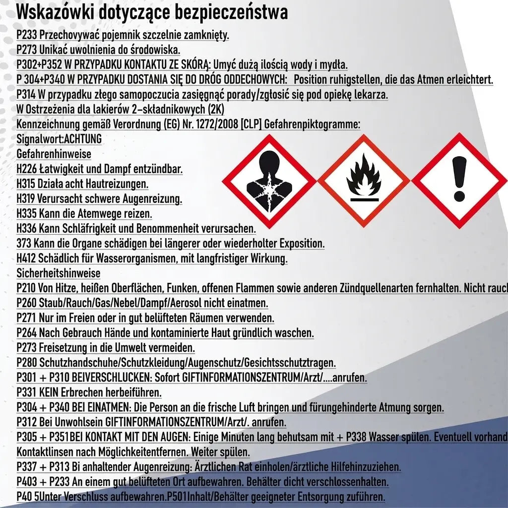 Instrukcje bezpieczeństwa produktu z niemieckim tekstem, piktogramami zagrożenia i wskazówkami ostrożności.
