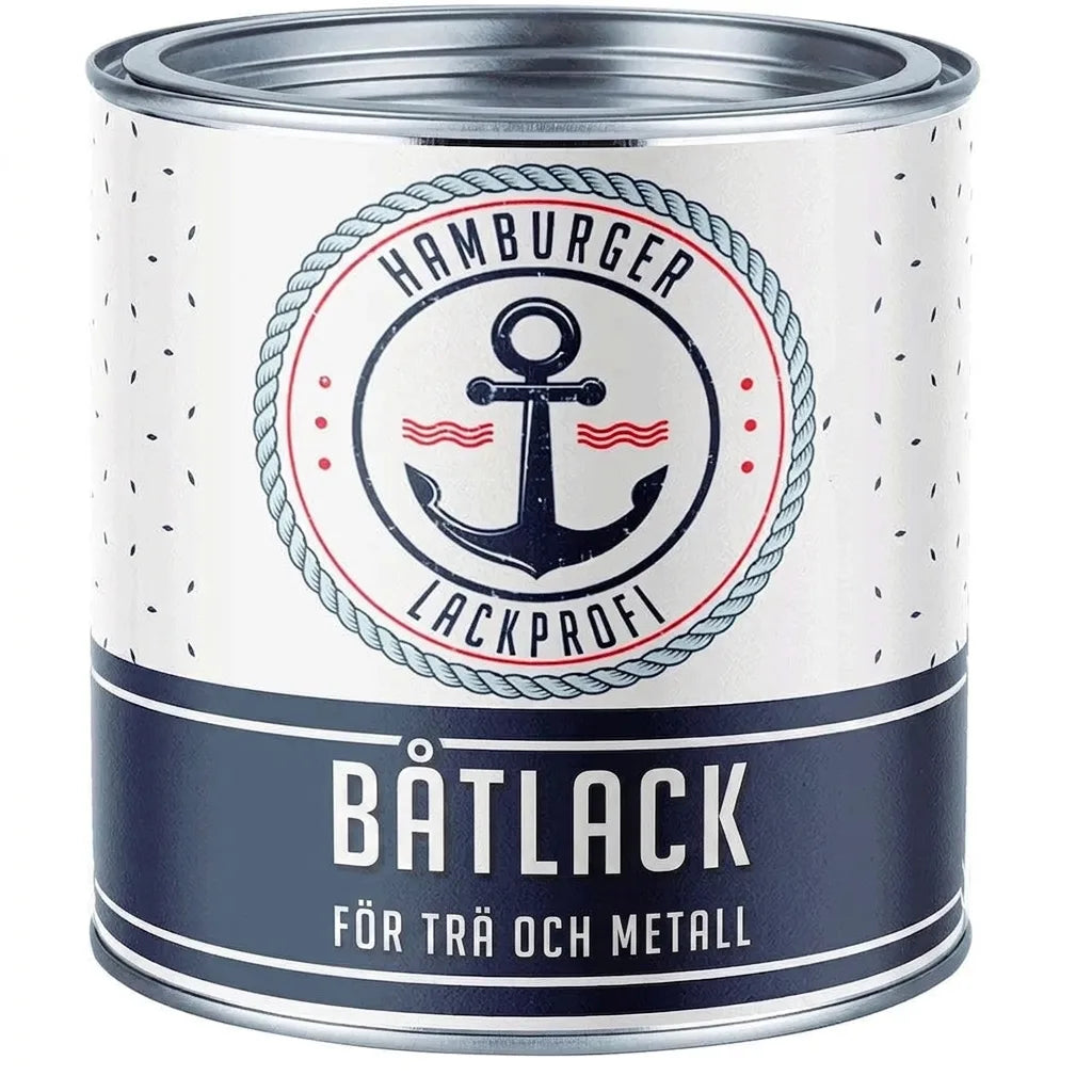 Burk med Hamburger Lackprofi båtlack för trä och metall, med ankaremblem.