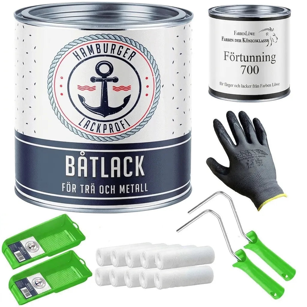 Set med båtlack från Hamburger Lackprofi, förtunning, skyddshandskar, målarroller och tråg för trä och metall.
