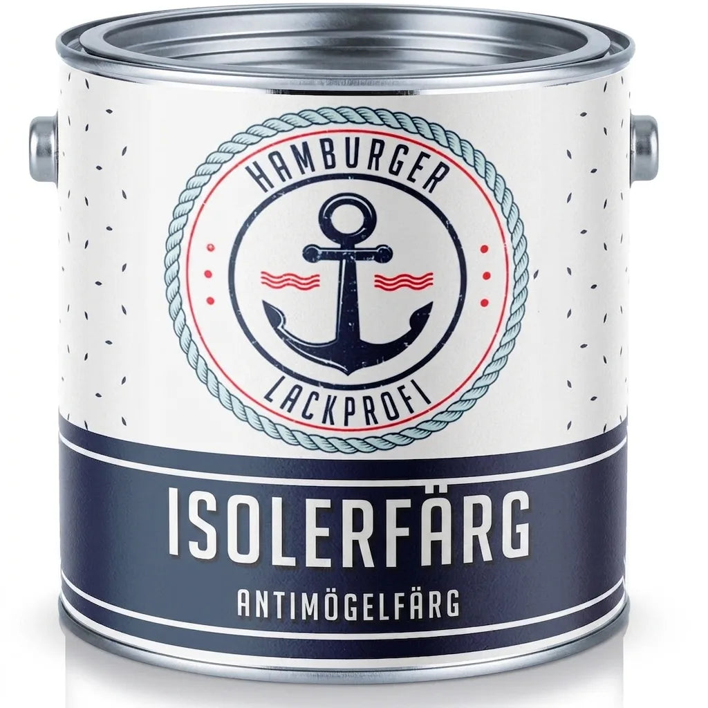 Vit färgburk med 'Hamburger Lackprofi' isoleringsfärg och antimögelfärg, med nautiskt ankar-emblem.