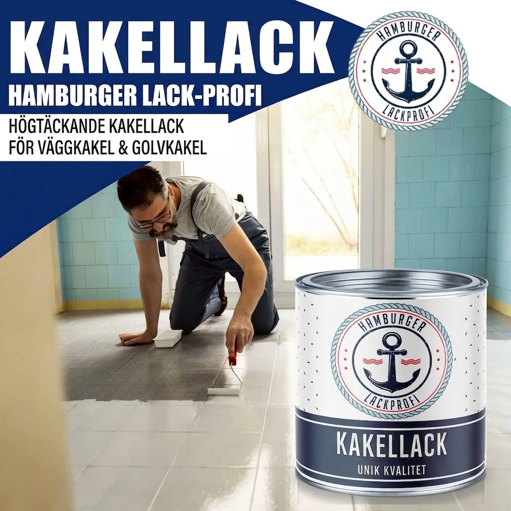 Man målar kakelgolv vitt. Reklam för högkvalitativ kakelfärg för vägg- och golvkakel från Hamburger Lack-Profi.