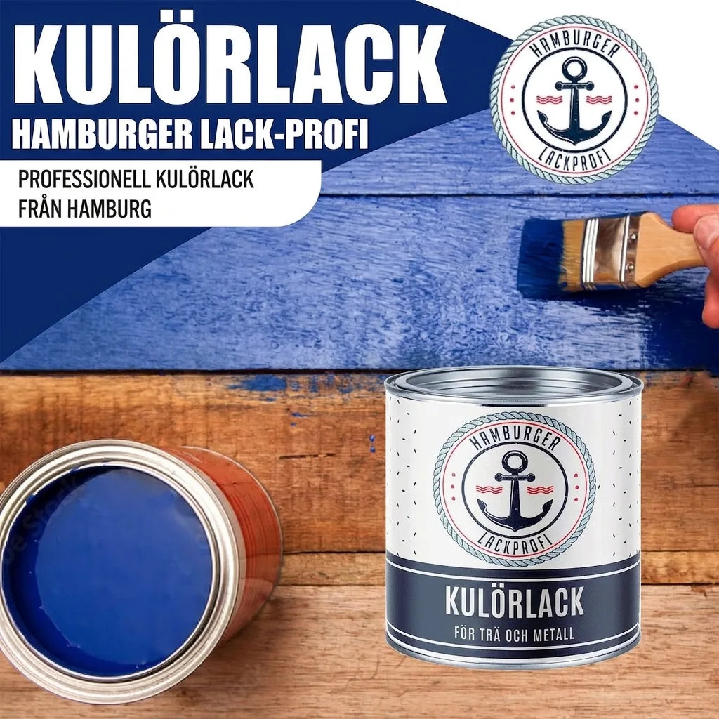 Burk med blå Hamburger Lack-Profi högtäckande färglack för trä och metall. Pensel målar trä blått, ankare i logotypen.