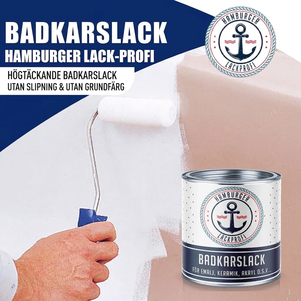 Person målar badkar vitt med roller. Burk 'Badkarsemalj Hamburger Lack-Profi'. Hög täckning, ingen slipning/grundning.