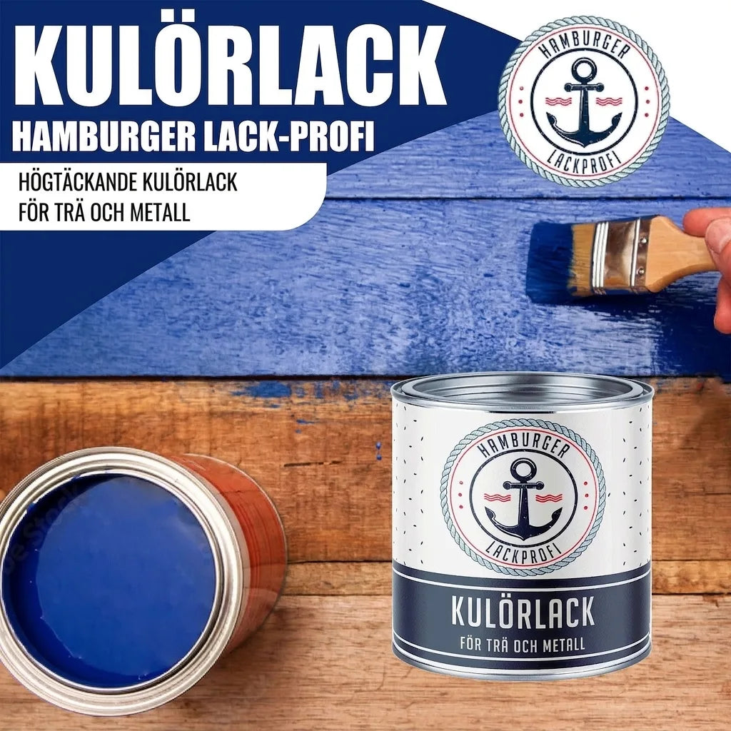 Burk med blå Hamburger Lack-Profi högtäckande färglack för trä och metall. Pensel målar trä blått, ankare i logotypen.