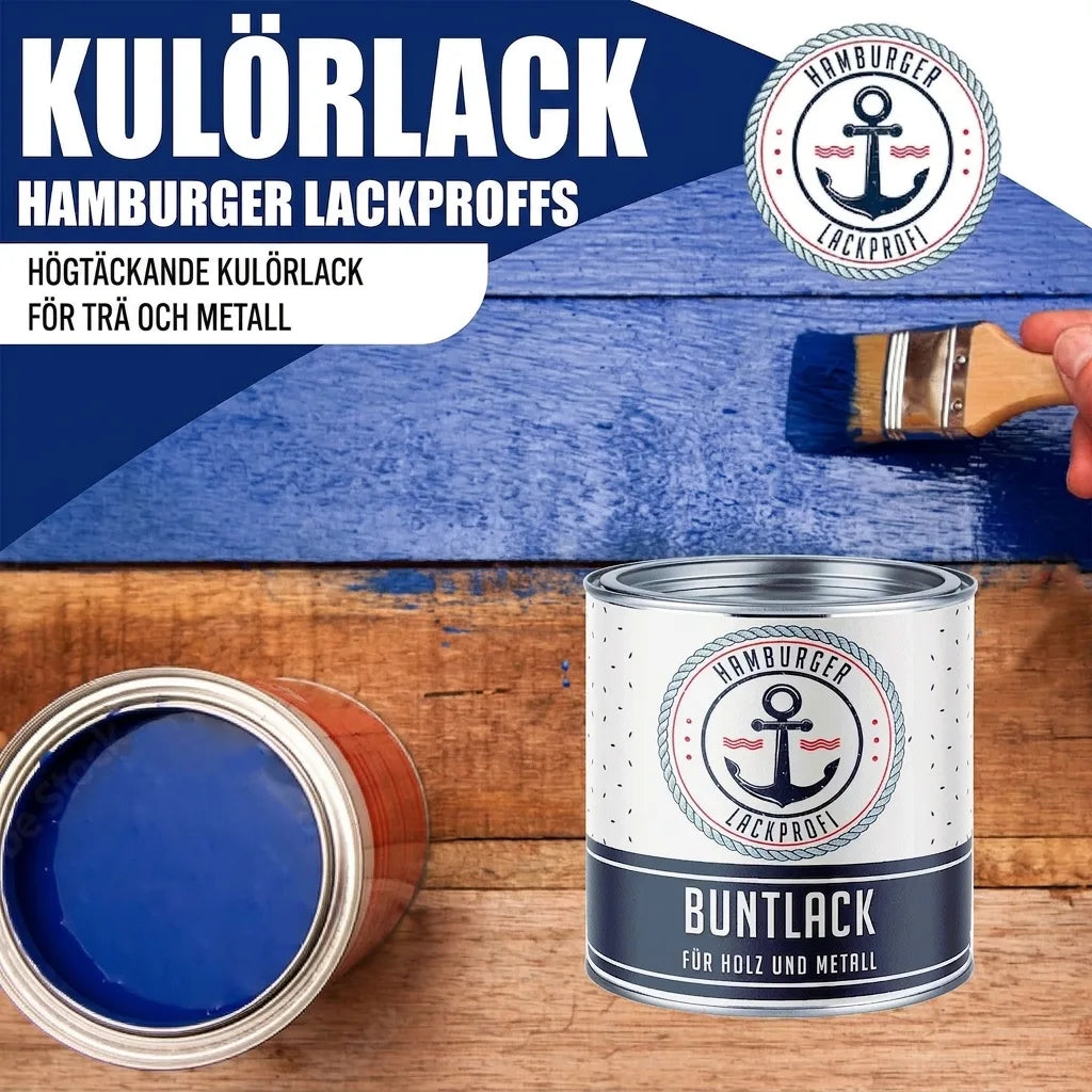 Person målar blått, burkar av Hamburger Lack-Profi högtäckande färglack för trä och metall.