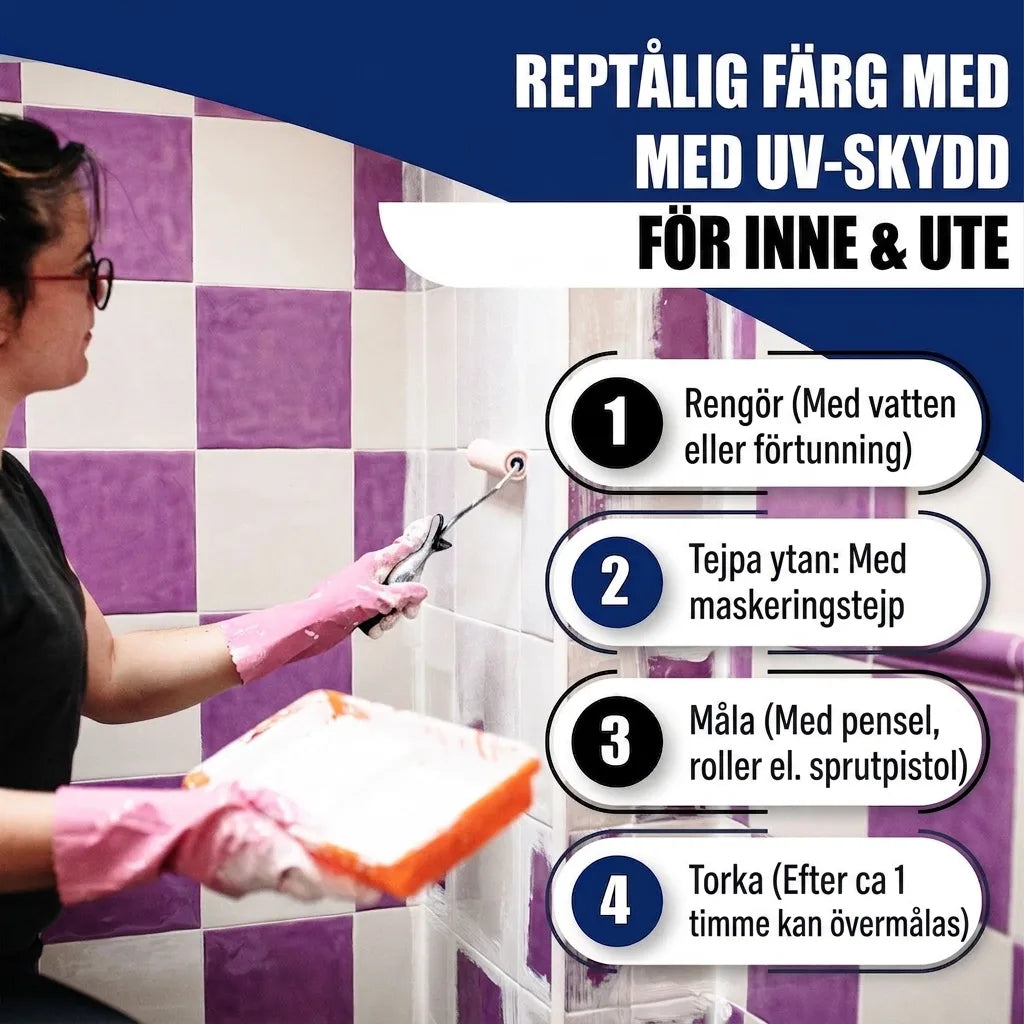 Kvinna målar kakel med repbeständig UV-färg för inomhus/utomhus. Inkluderar steg: rengör, maskera, måla, torka.