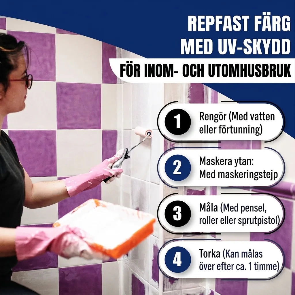 Repbeständig färg med UV-skydd för inom- och utomhusbruk. 4 steg: rengör, maskera, måla, torka.