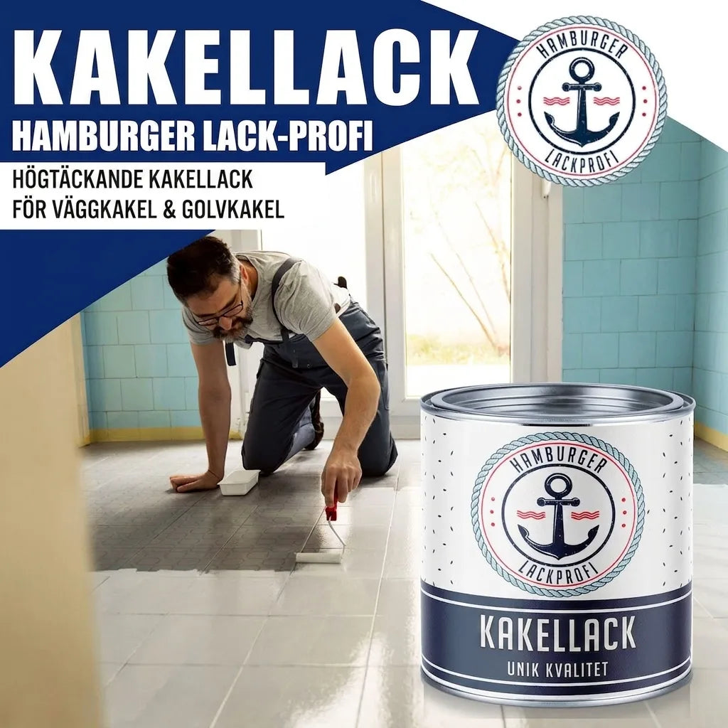 Man målar golv med kakellack. Högtäckande kakellack för vägg- och golvplattor från Hamburger Lack-Profi.
