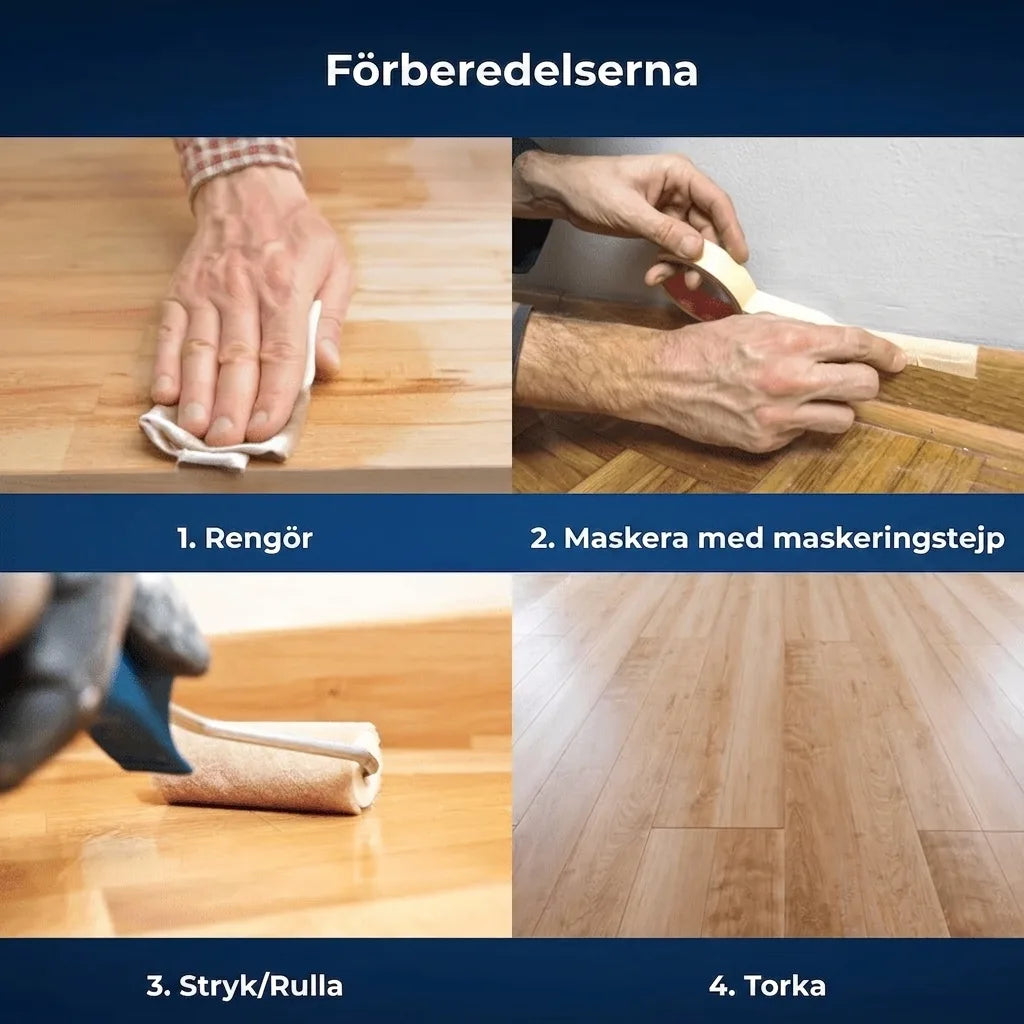 Steg-för-steg-guide för golvbehandling: rengöring, maskering, målning/rullning och torkning av trägolv.
