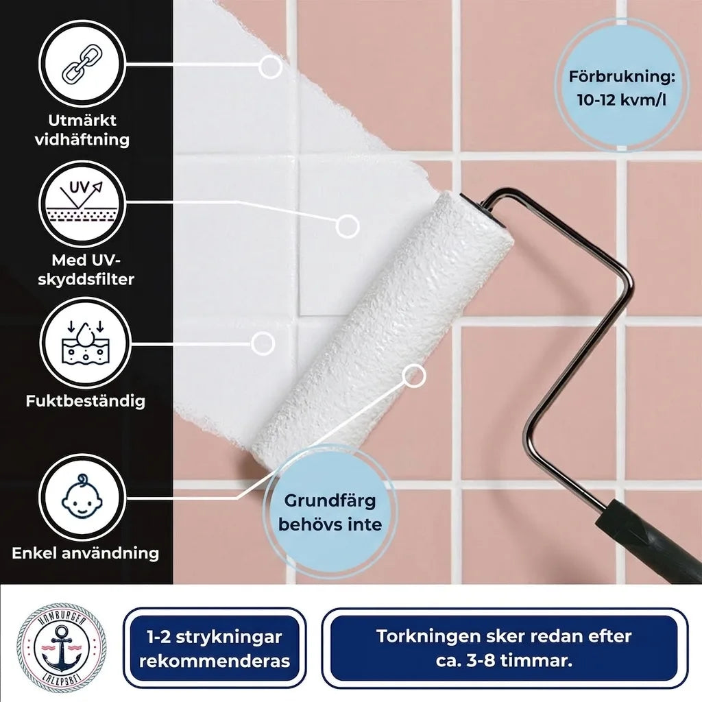 Bild på vit färg applicerad på rosa kakel. Tyska texter om produktfördelar: vidhäftning, UV-skydd, fuktbeständighet, enkel användning.