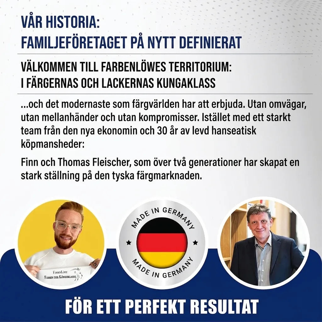 Finn och Thomas Fleischer, tyskt familjeföretag inom färg och lack. Betoning på 'Made in Germany' kvalitet.