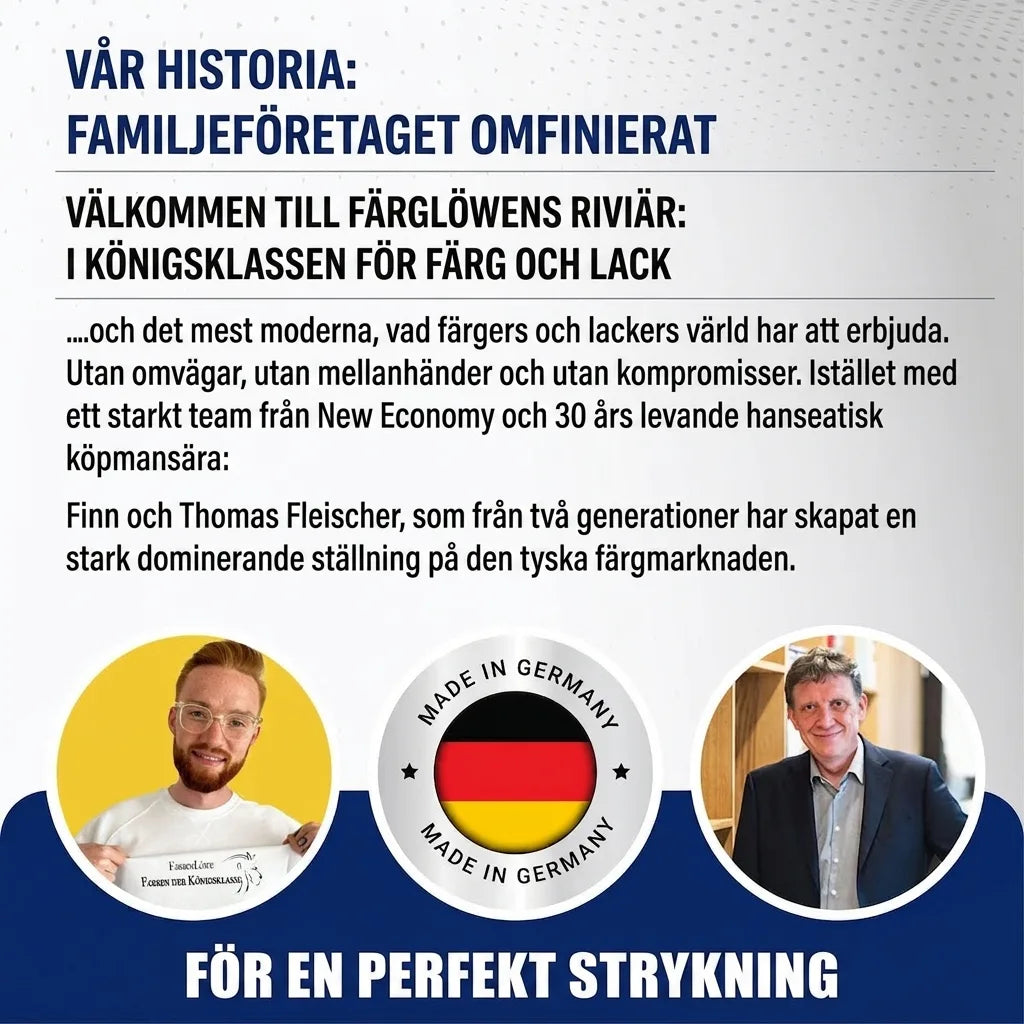 Bild med rubriker på tyska om familjeföretaget Farbenlöwe, medgrundare Finn & Thomas Fleischer och Made in Germany.