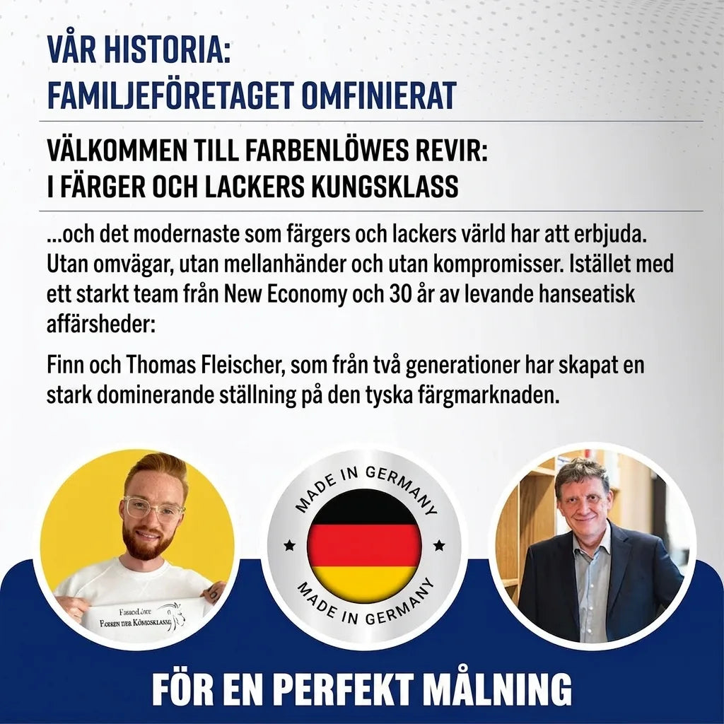 Farbenlöwe: Tyskt familjeföretag, färg & lack. Finn och Thomas Fleischer. Made in Germany. Perfekt finish.