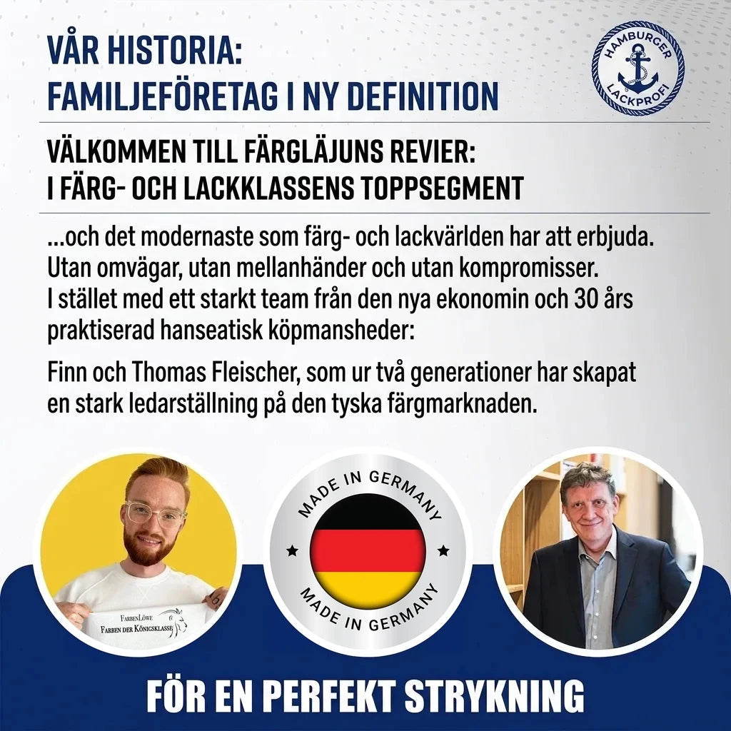 Tysk marknadsföring för färger. Text om familjeföretaget Farbenlöwe, premiumfärg & en perfekt målning. Made in Germany.