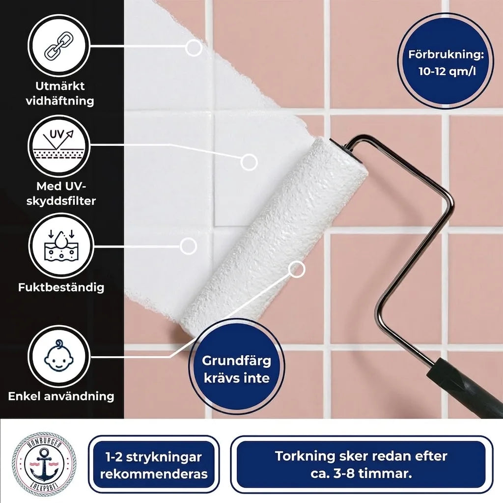 Bild med färgroller på kakel. Produktinfo: utmärkt vidhäftning, UV-skydd, fuktbeständig, ingen grundfärg, snabb torktid.