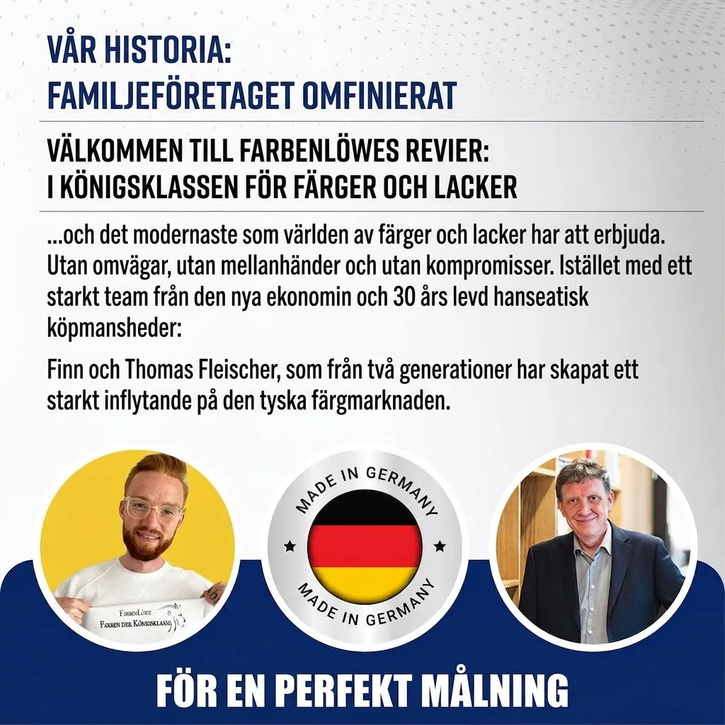 Vår historia: tyskt familjeföretag FarbenLöwe, ledare inom färg & lack. Finn och Thomas Fleischer.