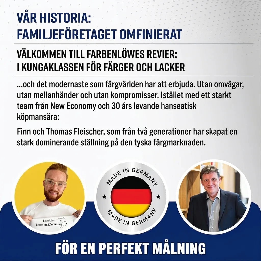 Tysk marknadsföringsbild för familjeföretaget Farbenlöwe som erbjuder premiumfärger och lacker, tillverkade i Tyskland.