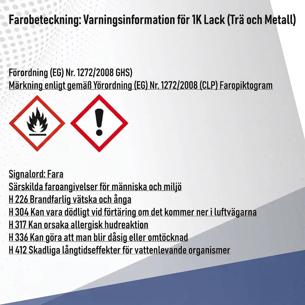 GHS-varningsetikett för 1K lacker (trä/metall) med faropiktogram och H-fraser för brandfarlighet, hälsa, miljö.