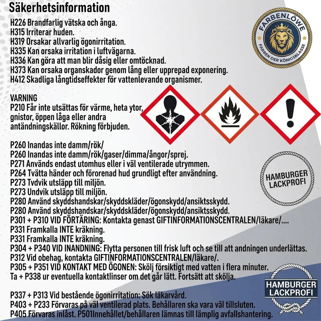 Tyska säkerhetsinstruktioner, varningssymboler (GHS-piktogram) och hanteringsföreskrifter för kemikalier.