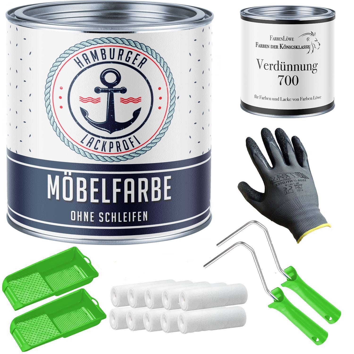 Hamburger Lack-Profi Möbelfarbe im Spar-Set - Möbellack ohne Schleifen + Lackierset (X300) & Verdünnung (1 L) - Hamburger Lack-Profi