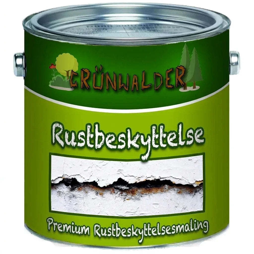 Grøn malerbøtte med Grünwalder Premium rustbeskyttelsesmaling og billede af rusten metaloverflade.