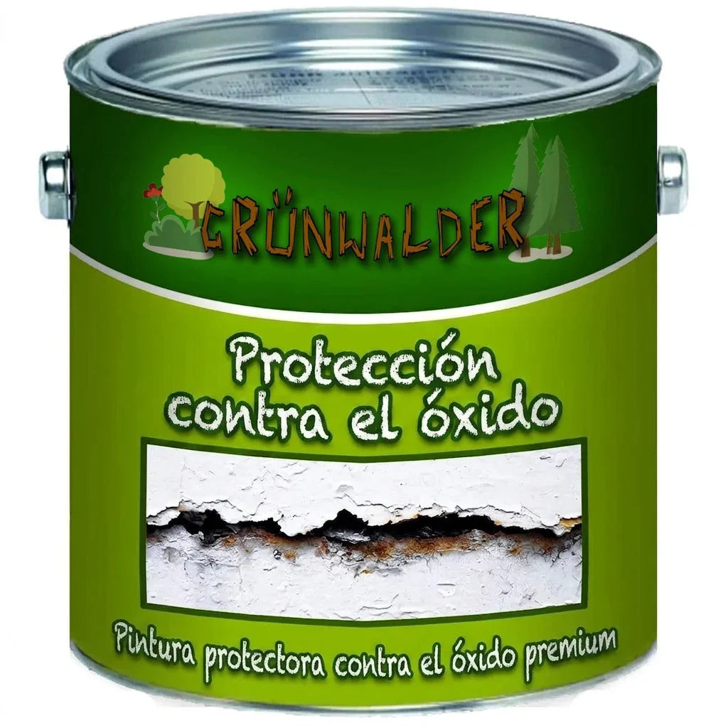 Lata de pintura verde Grünwalder, pintura premium antioxidante. Muestra superficie con óxido y pintura descascarada.