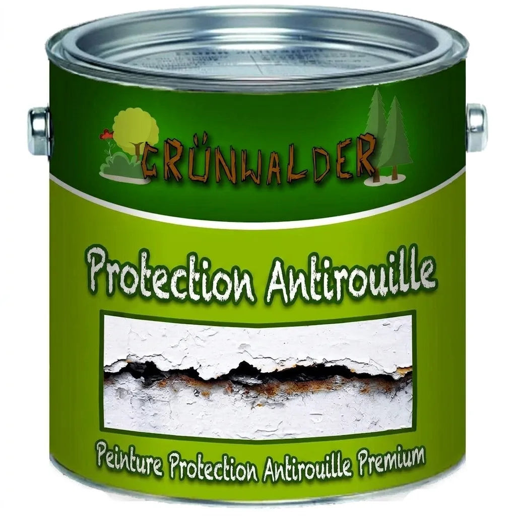 Pot de peinture antirouille Grünwalder, avec l'inscription 'Rostschutz' et 'Premium Rostschutzfarbe' en allemand.